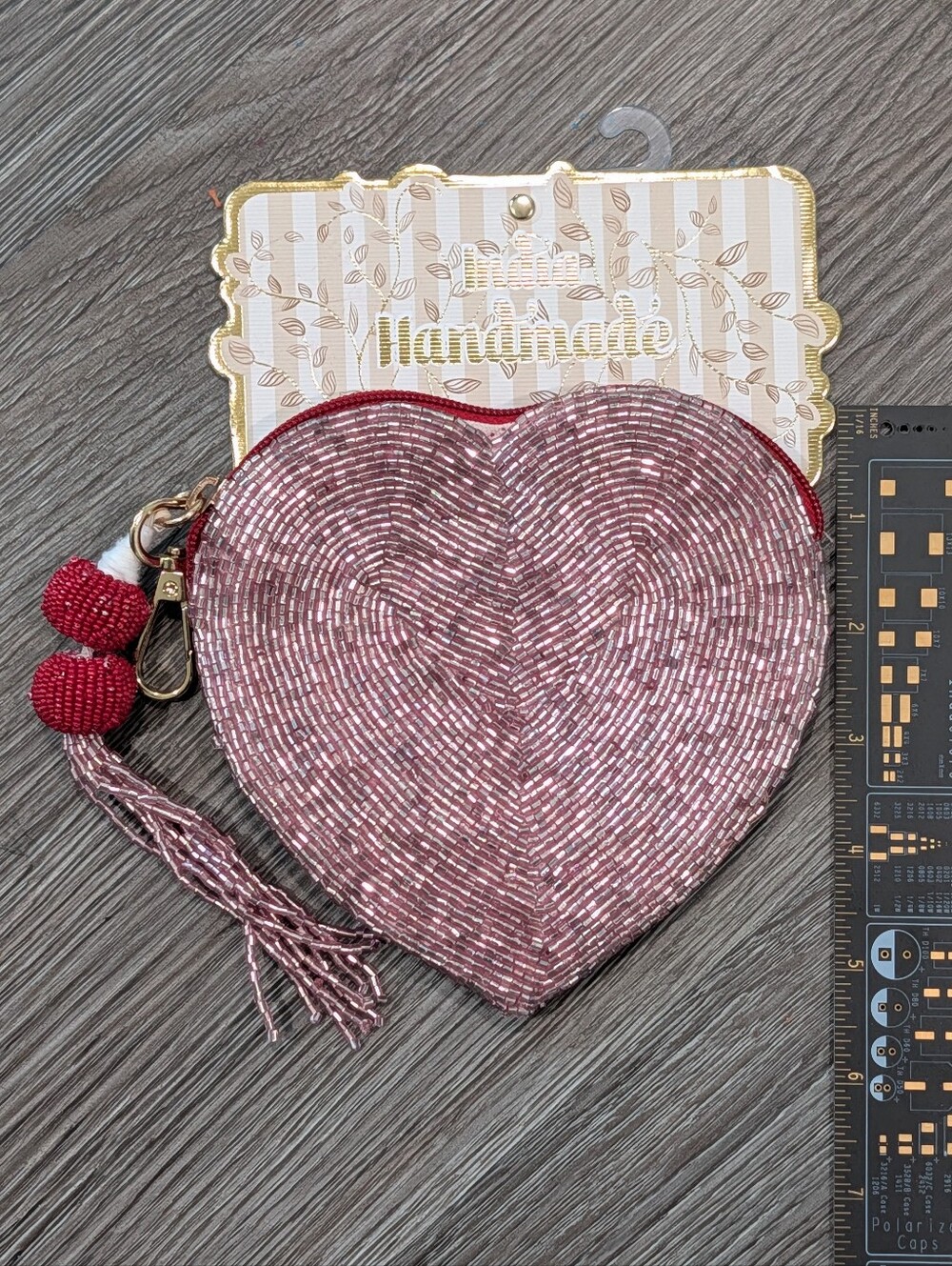 NWT Pink Beaded Heart Keycahin Card Holder Bag Made In India